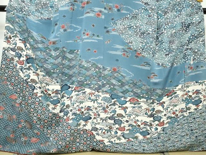 平和屋着物●江戸紅型　五味桂子　訪問着　型染め　扇面飛鶴草花文　正絹　逸品　DABI9398ud