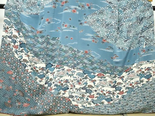 平和屋着物●江戸紅型　五味桂子　訪問着　型染め　扇面飛鶴草花文　正絹　逸品　DABI9398ud