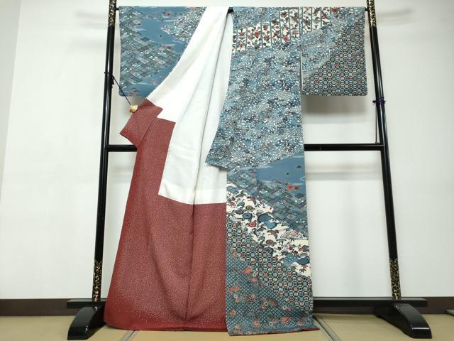 平和屋着物●江戸紅型　五味桂子　訪問着　型染め　扇面飛鶴草花文　正絹　逸品　DABI9398ud