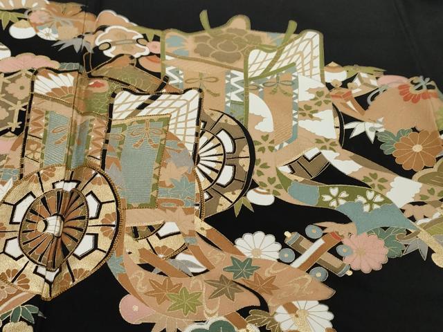 平和屋着物●豪華黒留袖　吉祥御所車花文　金彩　正絹　逸品　DABI9403ud