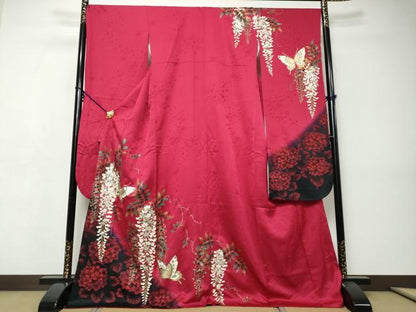 平和屋着物●豪華振袖　花蝶文　暈し染め　金彩　正絹　逸品　DABI9413ud