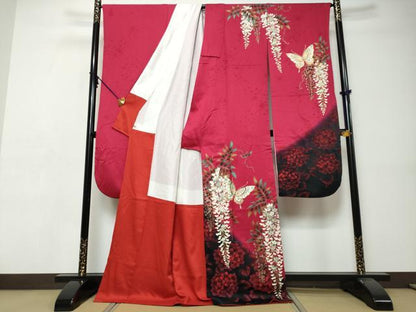 平和屋着物●豪華振袖　花蝶文　暈し染め　金彩　正絹　逸品　DABI9413ud