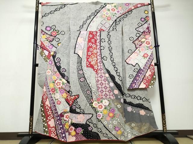 平和屋着物●豪華振袖　駒刺繍　熨斗草花文　金彩　正絹　逸品　DABI9442ud
