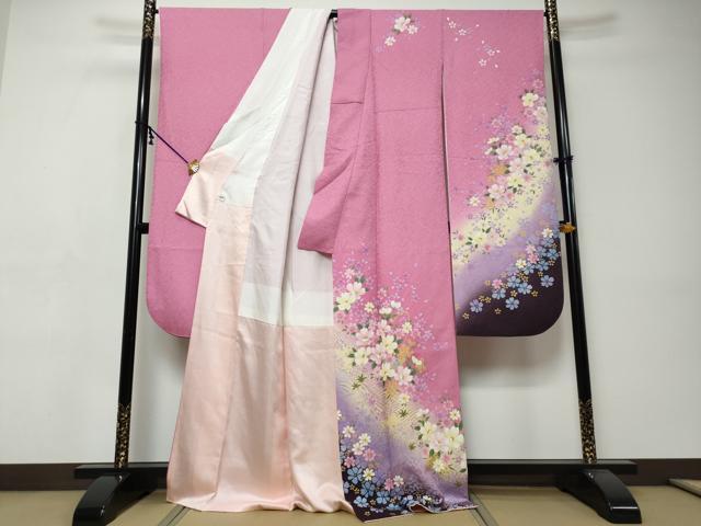 平和屋着物●豪華振袖　舞花文　暈し染め　金彩　銀通し地　正絹　逸品　DABI9448ud