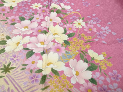 平和屋着物●豪華振袖　舞花文　暈し染め　金彩　銀通し地　正絹　逸品　DABI9448ud