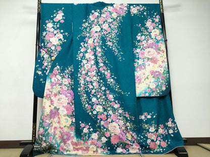 平和屋着物●豪華振袖　ラインストーン　草花文　暈し染め　金彩　銀通し地　正絹　逸品　DABI9452ud