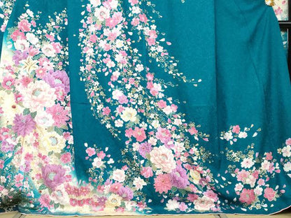 平和屋着物●豪華振袖　ラインストーン　草花文　暈し染め　金彩　銀通し地　正絹　逸品　DABI9452ud