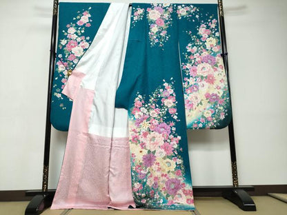 平和屋着物●豪華振袖　ラインストーン　草花文　暈し染め　金彩　銀通し地　正絹　逸品　DABI9452ud
