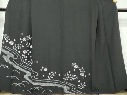 平和屋着物●訪問着　絞り　流水草花文　黒地　正絹　逸品　DABI9455ud
