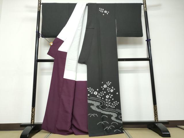平和屋着物●訪問着　絞り　流水草花文　黒地　正絹　逸品　DABI9455ud