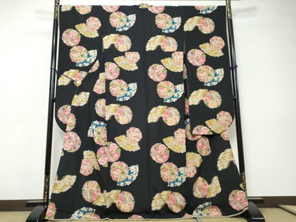平和屋着物●豪華振袖　地紙草花丸文　黒地　洗える着物　DABI9457ud