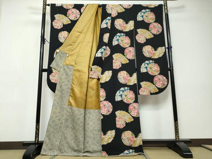 平和屋着物●豪華振袖　地紙草花丸文　黒地　洗える着物　DABI9457ud