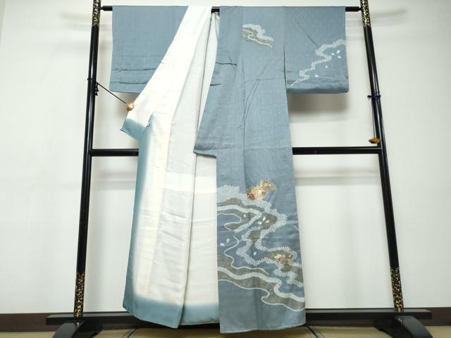 平和屋着物●訪問着　駒刺繍　絞り　流水草花文　金彩　松坂屋扱い　正絹　逸品　DABI9460ud