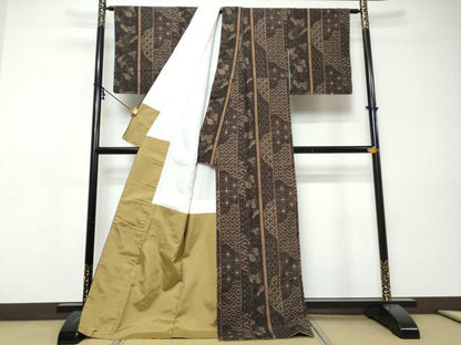 平和屋着物●伝統工芸士　岡田勇　紬　吉祥間道　証紙付き　ロング丈　正絹　逸品　DABI9467ud　