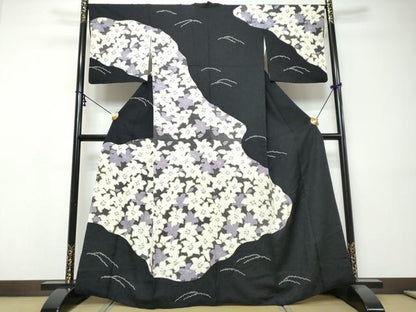 平和屋着物●訪問着　絞り　花尽くし文　黒地　金彩　正絹　逸品　DABI9484ud