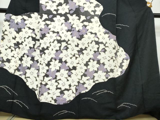 平和屋着物●訪問着　絞り　花尽くし文　黒地　金彩　正絹　逸品　DABI9484ud