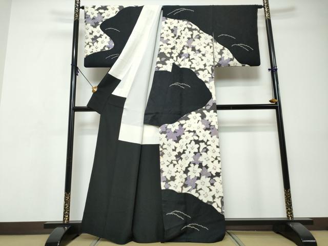 平和屋着物●訪問着　絞り　花尽くし文　黒地　金彩　正絹　逸品　DABI9484ud