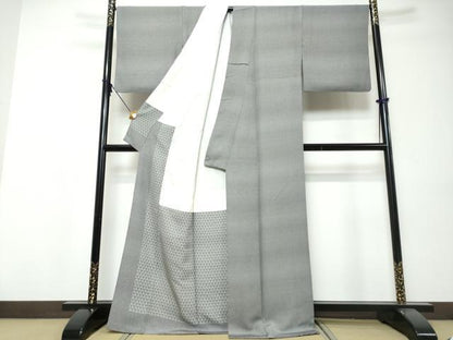 平和屋着物●江戸小紋　よろけ縞　鉄紺色×灰青色　正絹　逸品　DABI9495ud