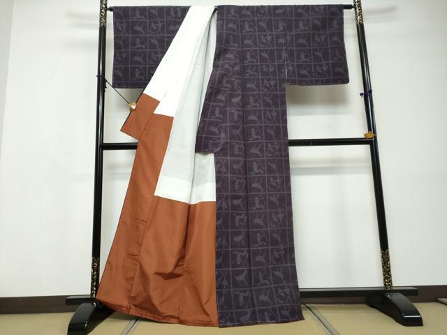 平和屋着物●結城紬　80亀甲　動物格子文　正絹　逸品　DABI9502ud