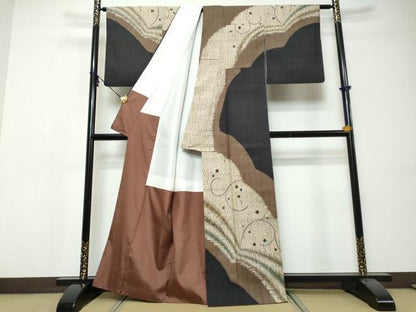 平和屋着物●訪問着　紬地　杢目絞り　抽象文様　正絹　逸品　DABI9506ud