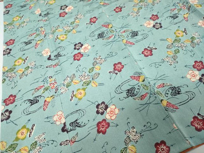 平和屋着物●人間国宝 芹沢圭介一番弟子　下平清人　紅型　小紋　草花文　鬼しぼ縮緬　反端付き　正絹　逸品　DABI9517ud