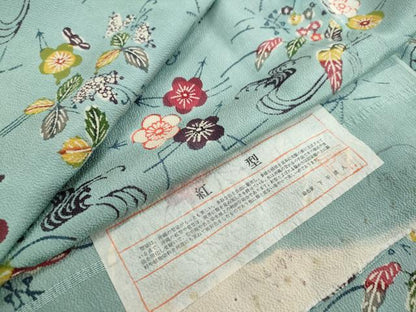 平和屋着物●人間国宝 芹沢圭介一番弟子　下平清人　紅型　小紋　草花文　鬼しぼ縮緬　反端付き　正絹　逸品　DABI9517ud