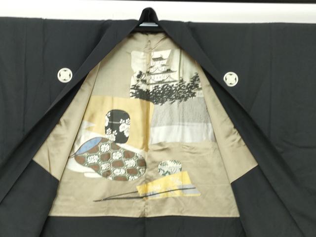 平和屋着物●男性　黒紋付　長羽織セット　羽裏：風景文　正絹　逸品　未使用　DABI9530ud