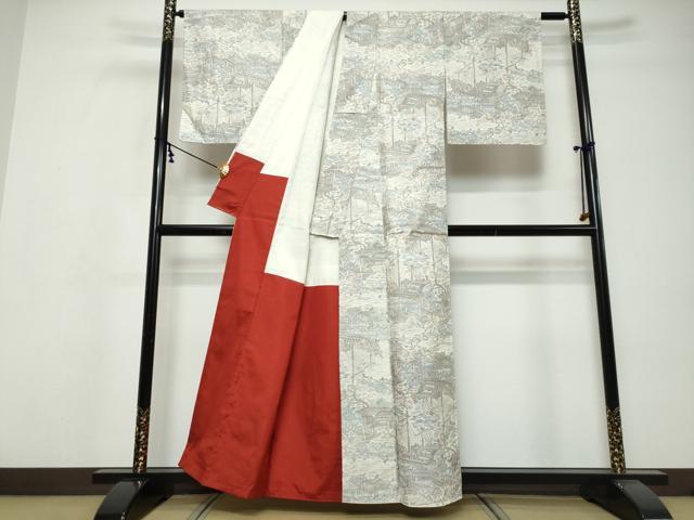 平和屋着物●上質な紬　雲取り風景文　南蛮船　正絹　逸品　DABI9533ud