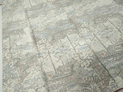 平和屋着物●上質な紬　雲取り風景文　南蛮船　正絹　逸品　DABI9533ud
