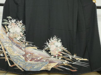 平和屋着物●豪華黒留袖　駒刺繍　花車文　暈し染め　金彩　正絹　逸品　未使用　DABI9537ud