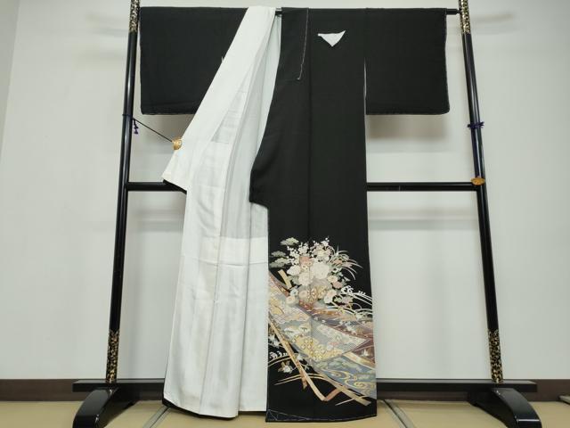 平和屋着物●豪華黒留袖　駒刺繍　花車文　暈し染め　金彩　正絹　逸品　未使用　DABI9537ud