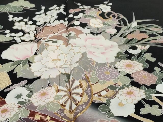 平和屋着物●豪華黒留袖　駒刺繍　花車文　暈し染め　金彩　正絹　逸品　未使用　DABI9537ud
