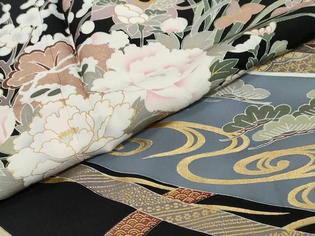 平和屋着物●豪華黒留袖　駒刺繍　花車文　暈し染め　金彩　正絹　逸品　未使用　DABI9537ud