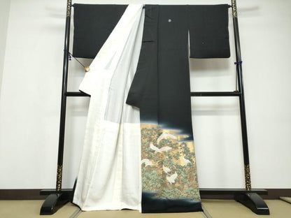 平和屋着物●豪華黒留袖　寿光織　飛鶴文　暈し染め　金糸　正絹　逸品　DABI9539ud