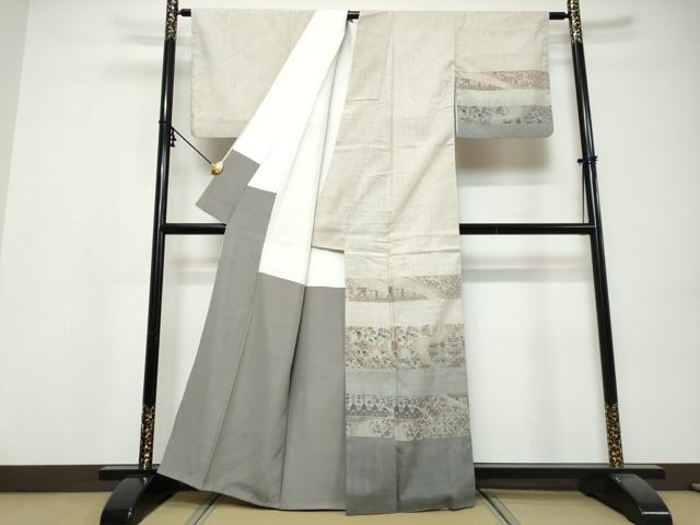 平和屋着物●訪問着　小千谷紬　横段更紗花文　正絹　逸品　DABI9543ud