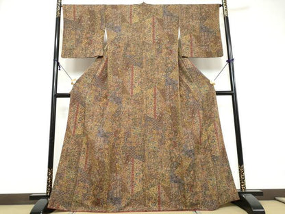 平和屋着物●上質な小紋　更紗草花文　金彩　鬼しぼ縮緬　正絹　逸品　DABI9545ud