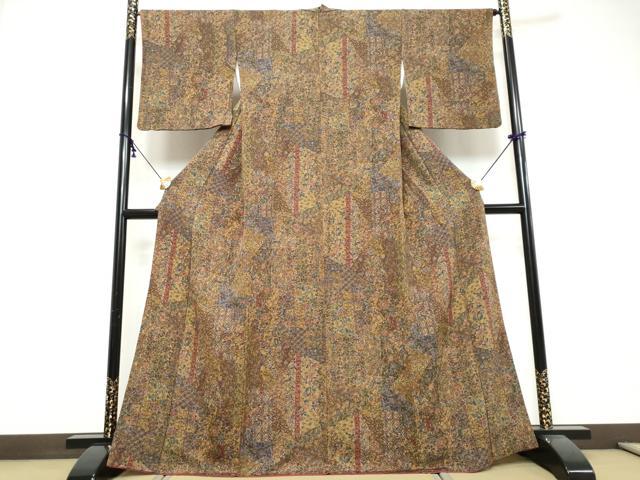平和屋着物●上質な小紋　更紗草花文　金彩　鬼しぼ縮緬　正絹　逸品　DABI9545ud