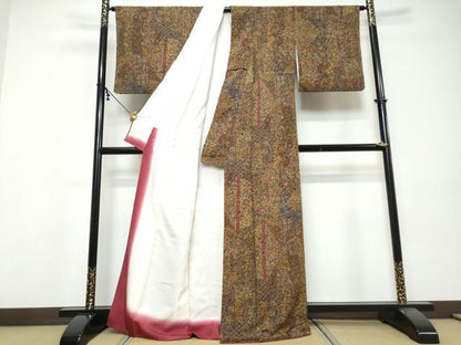 平和屋着物●上質な小紋　更紗草花文　金彩　鬼しぼ縮緬　正絹　逸品　DABI9545ud