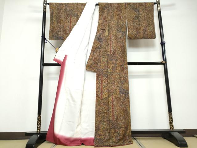 平和屋着物●上質な小紋　更紗草花文　金彩　鬼しぼ縮緬　正絹　逸品　DABI9545ud