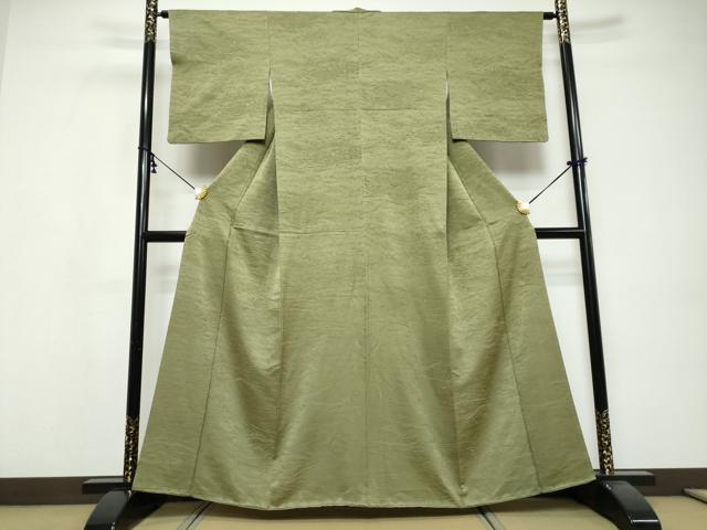 平和屋着物▼上質な色無地　墨流し地紋　松葉色　正絹　逸品　DABI9559ud
