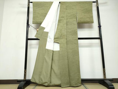 平和屋着物▼上質な色無地　墨流し地紋　松葉色　正絹　逸品　DABI9559ud