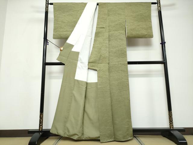 平和屋着物▼上質な色無地　墨流し地紋　松葉色　正絹　逸品　DABI9559ud