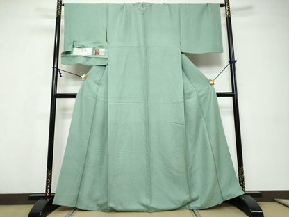 平和屋着物●上質な色無地　堅牢染　紋意匠　青竹色　反端付き　正絹　逸品　DABI9578ud