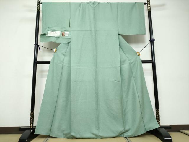 平和屋着物●上質な色無地　堅牢染　紋意匠　青竹色　反端付き　正絹　逸品　DABI9578ud