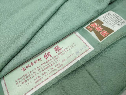 平和屋着物●上質な色無地　堅牢染　紋意匠　青竹色　反端付き　正絹　逸品　DABI9578ud