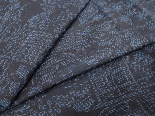 平和屋着物▼結城紬　100亀甲　風景草花文　正絹　逸品　DABI9581ud