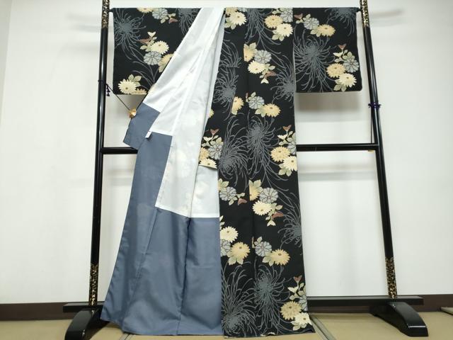 平和屋着物●小紋　草花文　黒地　洗える着物　未使用　DABI9582ud