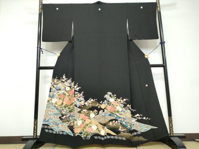 平和屋着物●豪華黒留袖　友禅　作家物　鴛鴦花文　金糸　正絹　逸品　DABI9588ud