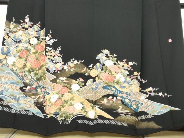 平和屋着物●豪華黒留袖　友禅　作家物　鴛鴦花文　金糸　正絹　逸品　DABI9588ud