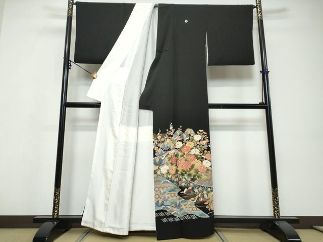 平和屋着物●豪華黒留袖　友禅　作家物　鴛鴦花文　金糸　正絹　逸品　DABI9588ud
